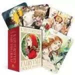 Kate Forsyth's Fairytale Oracle box in cream and red with a girl in a red hood, shown with four watercolor oracle cards on a white background.