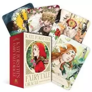 Kate Forsyth's Fairytale Oracle box in cream and red with a girl in a red hood, shown with four watercolor oracle cards on a white background.