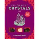 A Little Bit of Crystals Kit box by Cassandra Eason with a purple cover, a mint-green quartz cluster drawing and three tumbled stones shown in red compartments