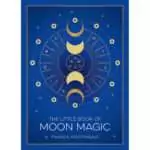 Blue cover with a gold border of The Little Book of Moon Magic by Francis Nightingale, showing a column of gold moon phases around a sun face inside a starburst wheel ringed with stars
