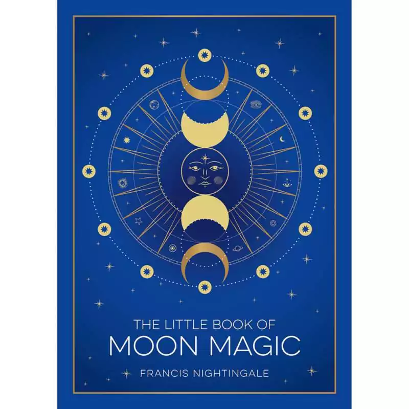 Blue cover with a gold border of The Little Book of Moon Magic by Francis Nightingale, showing a column of gold moon phases around a sun face inside a starburst wheel ringed with stars
