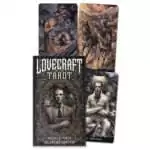 Lovecraft Tarot box with an oval portrait of a man in a suit holding a book among hooded figures, beside The Chariot, The Fool and a woman facing a monstrous face