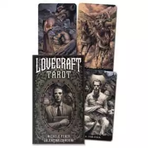 Lovecraft Tarot box with an oval portrait of a man in a suit holding a book among hooded figures, beside The Chariot, The Fool and a woman facing a monstrous face