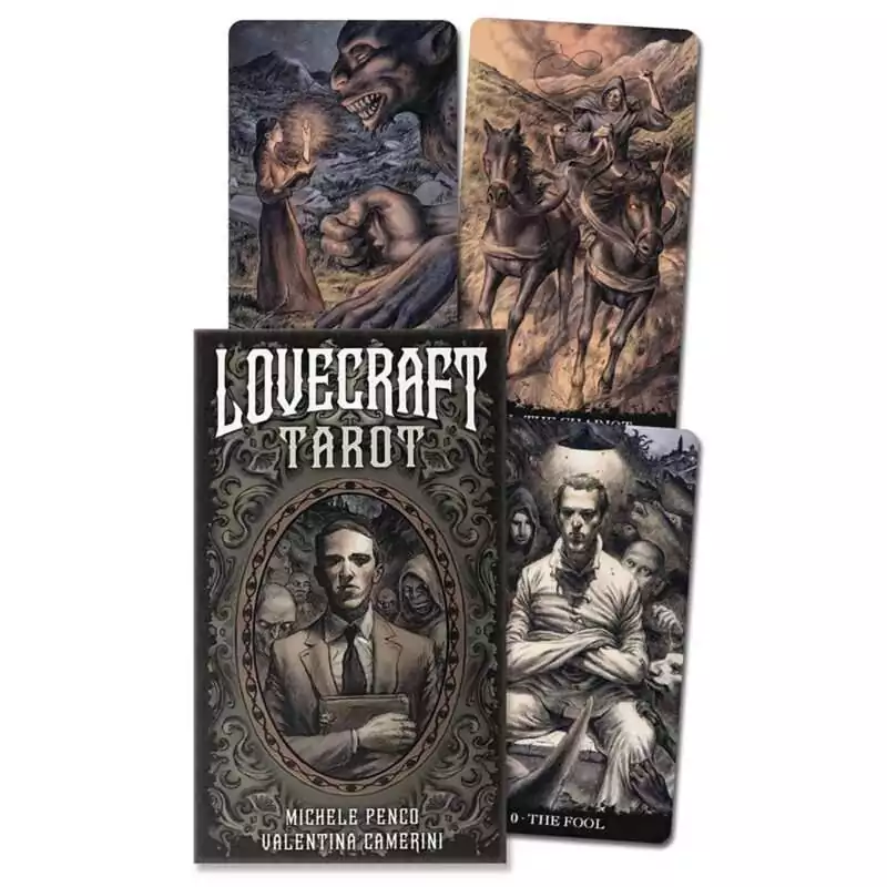 Lovecraft-Tarot-by-Penco-Camerini-DLOVTAR Lovecraft Tarot box with an oval portrait of a man in a suit holding a book among hooded figures, beside The Chariot, The Fool and a woman facing a monstrous face