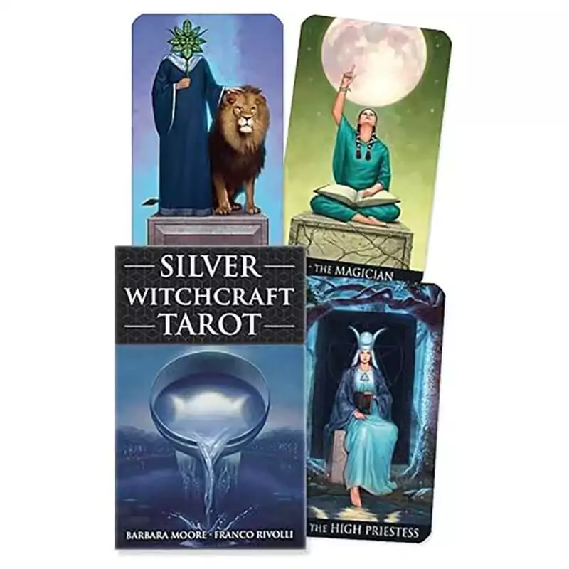 Silver-Witchcraft-tarot-by-Moore-Rivolli-DSILWIT Silver Witchcraft Tarot box by Barbara Moore and Franco Rivolli with a silver bowl pouring water at dusk, beside The Magician, The High Priestess and a robed figure with a lion