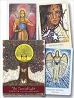 The Tarot of Light box by Denise Jarvie with artwork by Toni Carmine Salerno showing a tree with a golden disc and butterflies, beside Four of Stars and Page of Angels cards