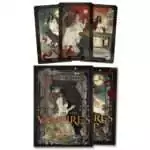 The Vampire's Tale Tarot box by Sasha Graham and Abigail Larson with Fool, Empress and Magician cards fanned above a black gothic box showing a hooded figure and a woman in a pale gown