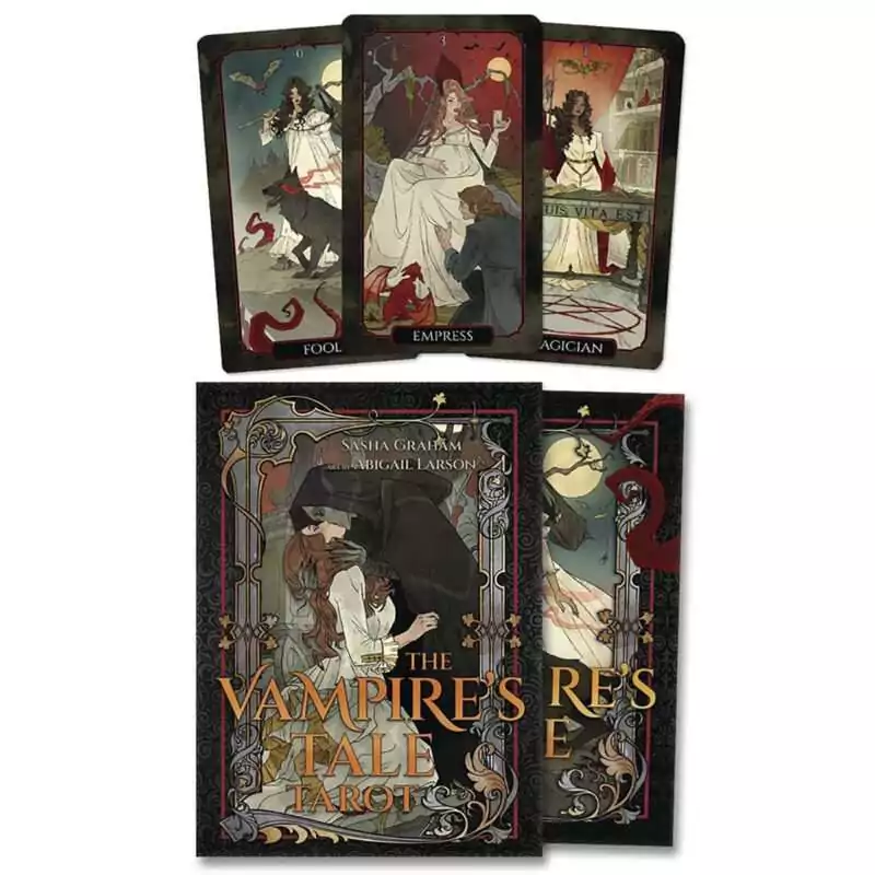 Version 1.0.0 The Vampire's Tale Tarot box by Sasha Graham and Abigail Larson with Fool, Empress and Magician cards fanned above a black gothic box showing a hooded figure and a woman in a pale gown