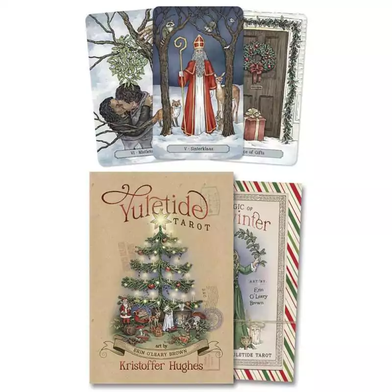 Yuletide-Tarot-by-Kristoffer-Hughes-DYULTAR Yuletide Tarot box by Kristoffer Hughes with art by Erin O'Leary Brown showing a candlelit tree and a striped sleeve, beside winter cards titled Sinterklaas and Mistletoe and a wreath on a door