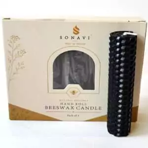 Black hand-rolled honeycomb beeswax candle standing in front of its cream and kraft box marked Natural Beeswax Hand Roll Beeswax Candle, Pack of 5, white wick at the top