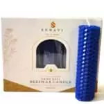 Blue hand-rolled honeycomb beeswax candle with a tall white wick, standing in front of its cream and kraft box marked Natural Beeswax Hand Roll Beeswax Candle, Pack of 5