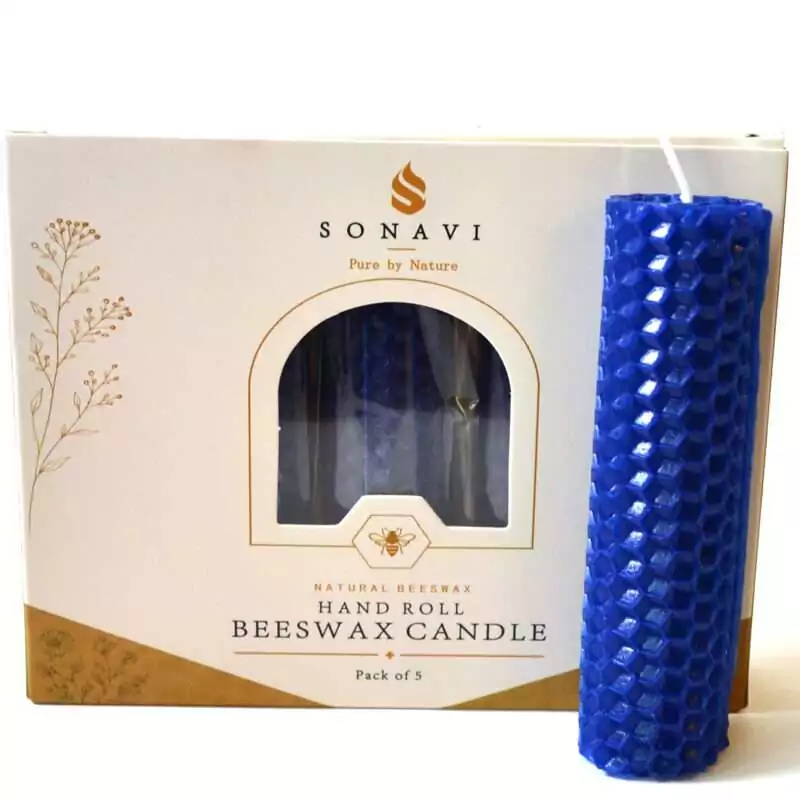 Blue hand-rolled honeycomb beeswax candle with a tall white wick, standing in front of its cream and kraft box marked Natural Beeswax Hand Roll Beeswax Candle, Pack of 5