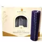 Deep purple hand-rolled honeycomb beeswax candle with glossy facets and a white wick, standing in front of its cream box marked Natural Beeswax Hand Roll Beeswax Candle, Pack of 5
