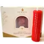 Bright red hand-rolled honeycomb beeswax candle with a white wick, standing in front of its cream box marked Natural Beeswax Hand Roll Beeswax Candle, Pack of 5
