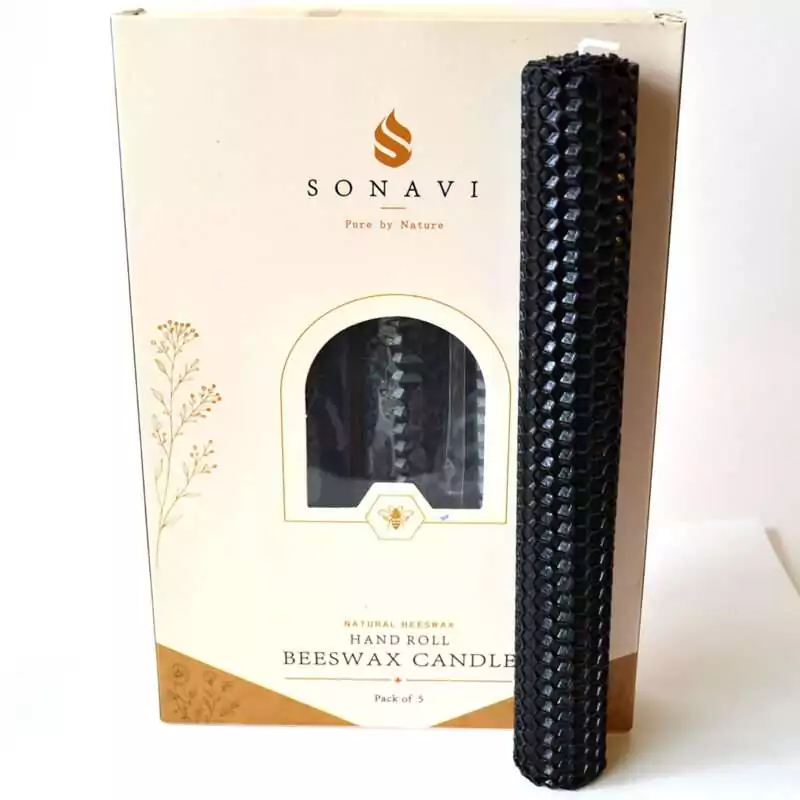 Black 8 inch hand-rolled honeycomb beeswax candle with a white wick standing in front of its cream box marked Natural Beeswax Hand Roll Beeswax Candle, Pack of 5