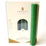 Leaf-green 8 inch hand-rolled honeycomb beeswax candle with a white wick standing in front of its cream box marked Natural Beeswax Hand Roll Beeswax Candle, Pack of 5