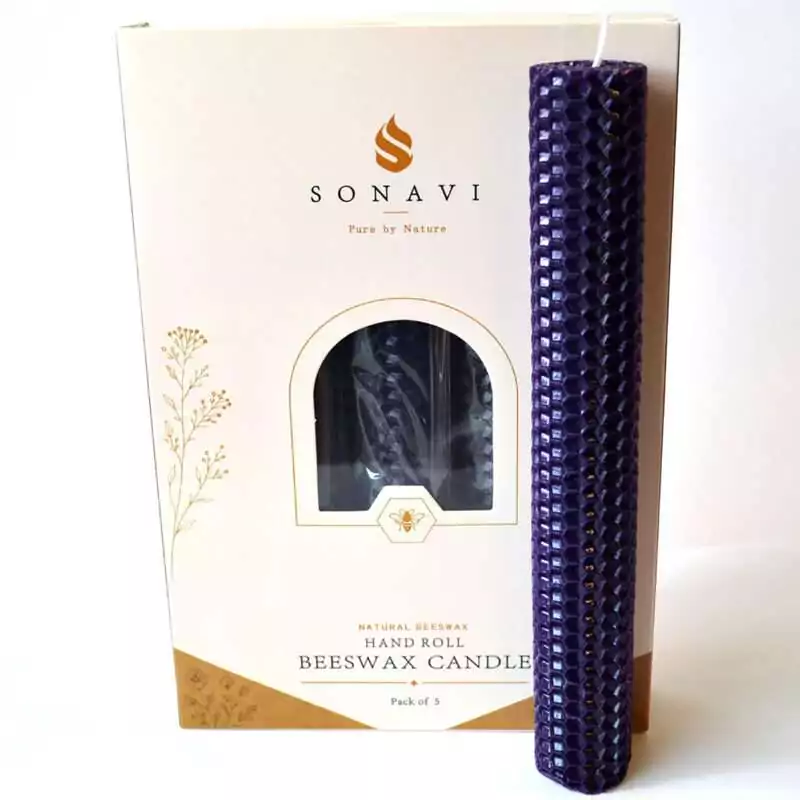 set-of-5-8quot-Purple-beeswax-candles-CSB8PU Deep purple 8 inch hand-rolled honeycomb beeswax candle with a white wick standing in front of its cream box marked Natural Beeswax Hand Roll Beeswax Candle, Pack of 5