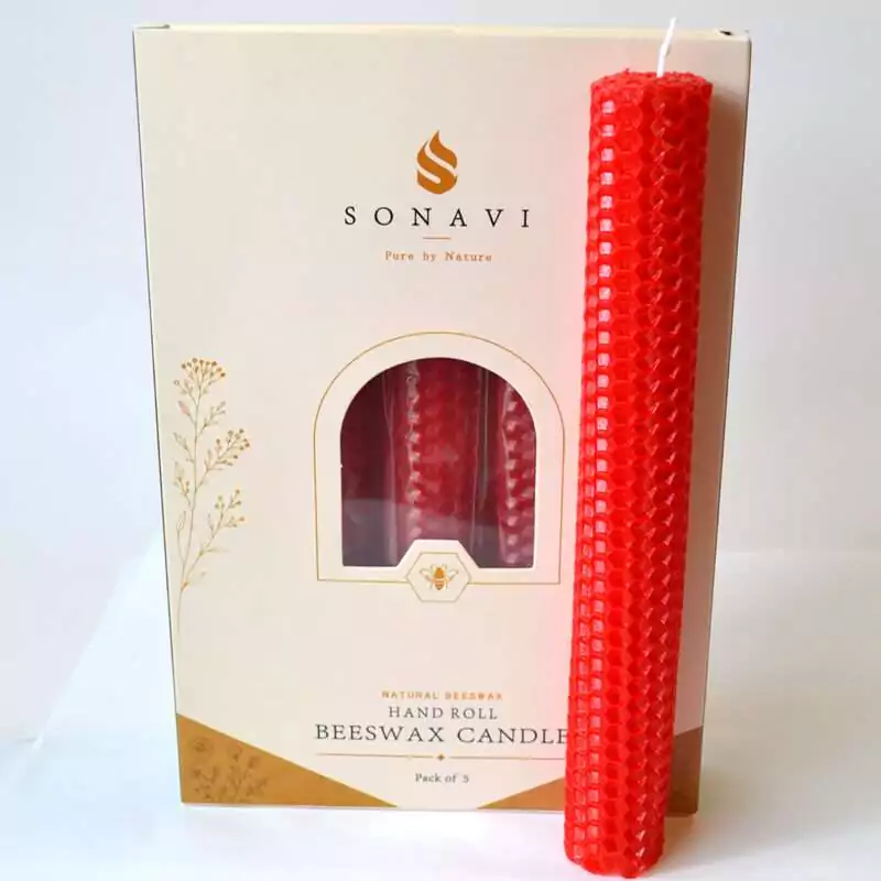 set-of-5-8quot-Red-beeswax-candles-CSB8R Vivid red 8 inch hand-rolled honeycomb beeswax candle with a white wick standing in front of its cream box marked Natural Beeswax Hand Roll Beeswax Candle, Pack of 5