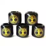 Set of five black ceramic Tree of Life candle holders stacked in a pyramid, each with a gold tree and roots inside a circle of interlaced knotwork