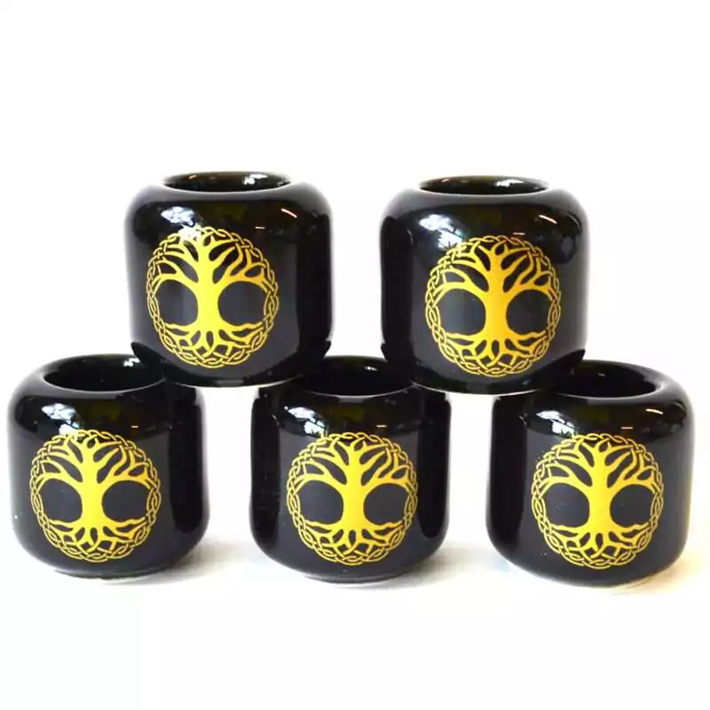 set-of-5-Tree-of-Life-Black-ceramic-holder-CHTOL Set of five black ceramic Tree of Life candle holders stacked in a pyramid, each with a gold tree and roots inside a circle of interlaced knotwork