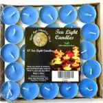Square tray of 50 mid-blue tea light candles under clear wrap, each in a small metal cup with a white wick, with a pack label reading Tea Light Candles and 50 Tea Light Candles