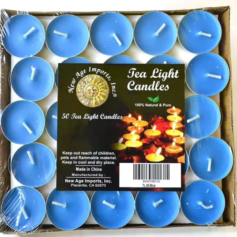 set-of-50-2-hour-Blue-Tea-Light-CV2BL Square tray of 50 mid-blue tea light candles under clear wrap, each in a small metal cup with a white wick, with a pack label reading Tea Light Candles and 50 Tea Light Candles