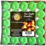 Square tray of 50 bright green tea light candles under clear wrap, each in a small metal cup with a pale wick, with a pack label reading Tea Light Candles and 50 Tea Light Candles