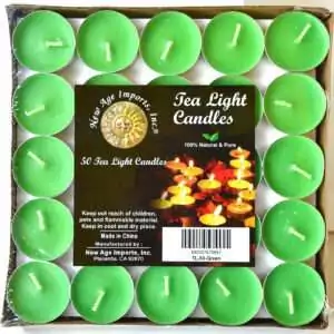 Square tray of 50 bright green tea light candles under clear wrap, each in a small metal cup with a pale wick, with a pack label reading Tea Light Candles and 50 Tea Light Candles