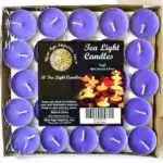 Square tray of 50 violet-purple tea light candles under clear wrap, each in a small metal cup with a white wick, with a pack label reading Tea Light Candles and 50 Tea Light Candles