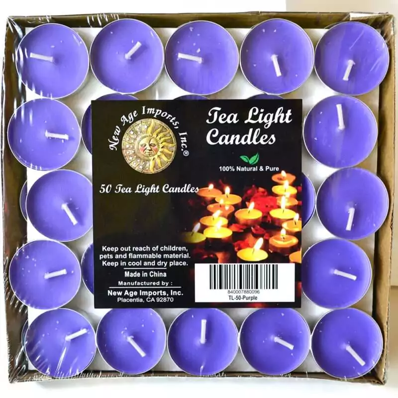 set-of-50-2-hour-Purple-Tea-Light-CV2PU Square tray of 50 violet-purple tea light candles under clear wrap, each in a small metal cup with a white wick, with a pack label reading Tea Light Candles and 50 Tea Light Candles
