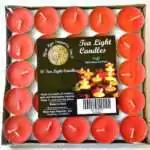 Square tray of 50 red tea light candles under clear wrap, each in a small metal cup with a white wick, with a label reading Tea Light Candles and 50 Tea Light Candles