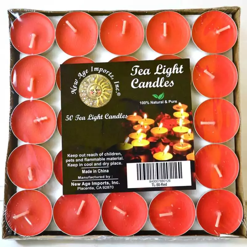 set-of-50-2-hour-Red-Tea-Light-CV2R Square tray of 50 red tea light candles under clear wrap, each in a small metal cup with a white wick, with a label reading Tea Light Candles and 50 Tea Light Candles