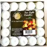 Square tray of 50 white tea light candles under clear wrap, each in a small metal cup with a pale wick, with a pack label reading Tea Light Candles and 50 Tea Light Candles