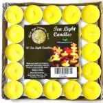 Square tray of 50 bright yellow tea light candles under clear wrap, each in a small metal cup with a pale wick, with a pack label reading Tea Light Candles and 50 Tea Light Candles