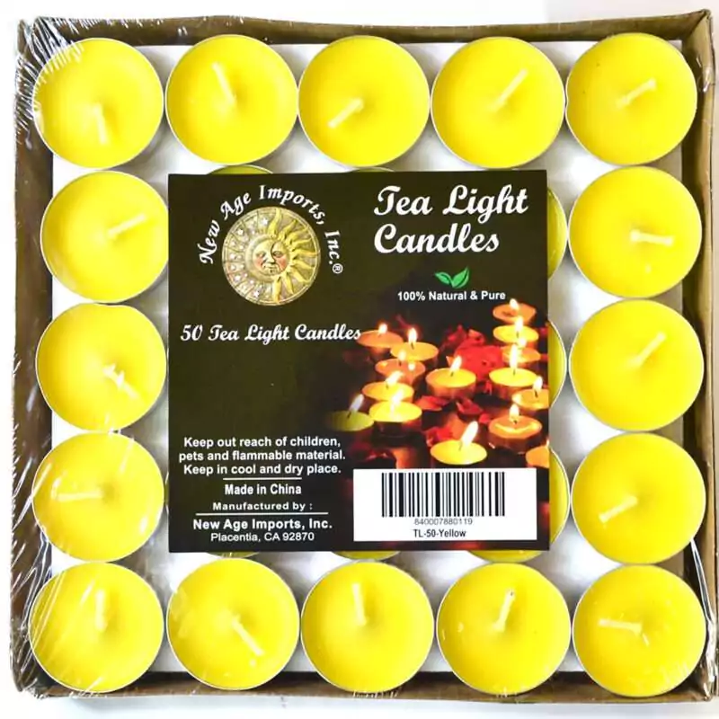 set-of-50-2-hour-Yellow-Tea-Light-CV2Y Square tray of 50 bright yellow tea light candles under clear wrap, each in a small metal cup with a pale wick, with a pack label reading Tea Light Candles and 50 Tea Light Candles