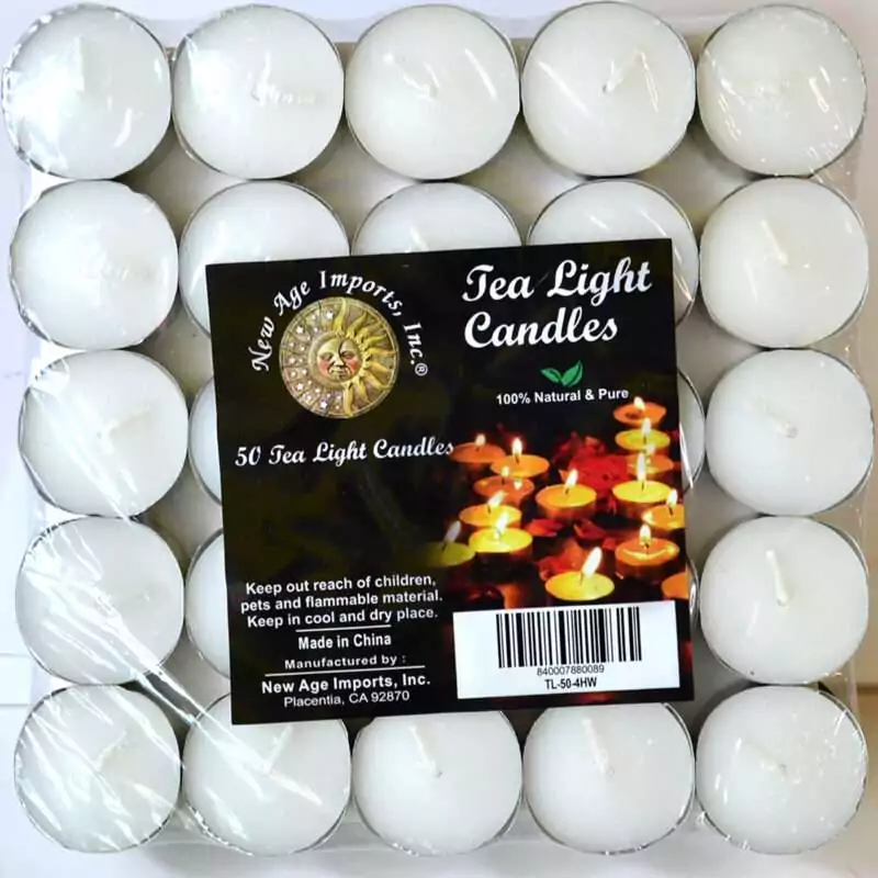 set-of-50-4-hour-White-votive-CV4W Tray of 50 white candles in metal cups wrapped in clear film, each with a rounded top and a white wick, with a pack label reading Tea Light Candles and 50 Tea Light Candles