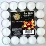 Square pack of 50 white candles in metal cups under clear film, each with a short white wick, with a pack label reading Tea Light Candles and 50 Tea Light Candles