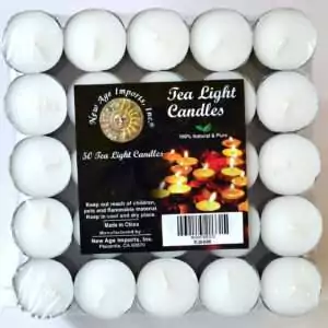 Square pack of 50 white candles in metal cups under clear film, each with a short white wick, with a pack label reading Tea Light Candles and 50 Tea Light Candles