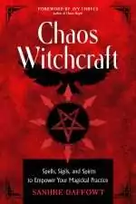 Front cover of Chaos Witchcraft by Sanhre Daffowt, white title on red textured ground with a black raven above a red eight-arrowed star around a pentagram, foreword by Ivy Corvus