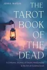 Cover of The Tarot Book of the Dead by Jenna Matlin, showing a hand holding a lit lantern against blue and pink watercolor-style clouds, with the subtitle about death, mediumship and guiding souls