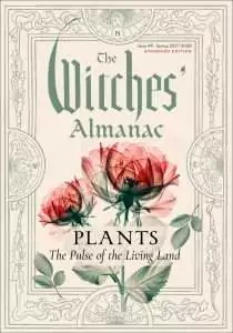 Cover of The Witches' Almanac 2027-2028 Issue 46 Standard Edition, Plants: The Pulse of the Living Land, with two translucent pink and red roses and sage green leaves inside a compass-point border