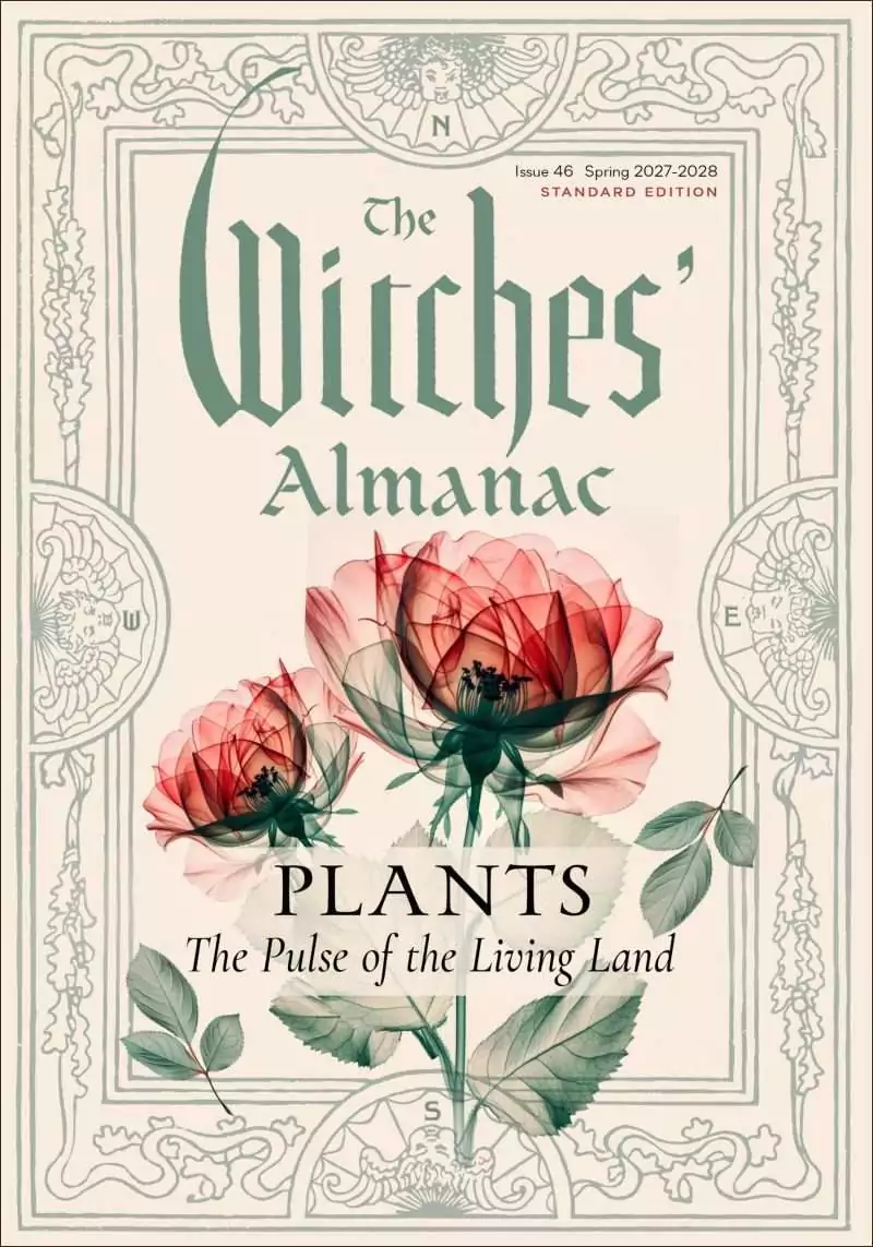 The-Witches-Almanac-2027-2028-BWITALM27 Cover of The Witches' Almanac 2027-2028 Issue 46 Standard Edition, Plants: The Pulse of the Living Land, with two translucent pink and red roses and sage green leaves inside a compass-point border